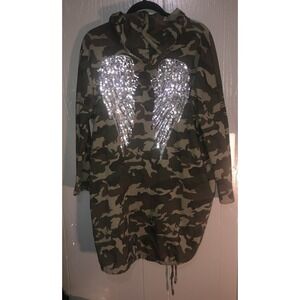Green Camo Silver Sequin Angel Wings Back Bling Over-sized Cape Hoodie OSFA